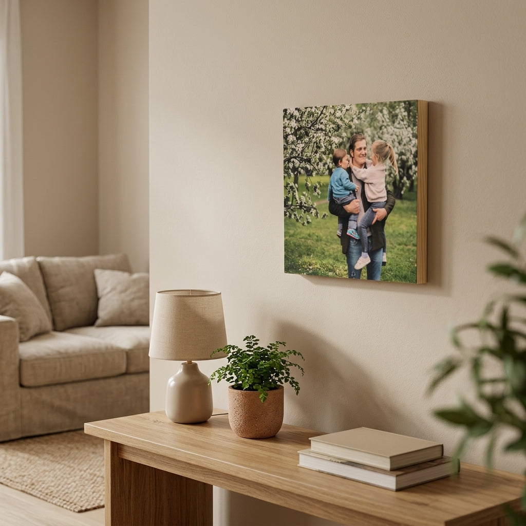 Single Custom Wood Canvas Print 8x8 Compact Living Room Lifestyle