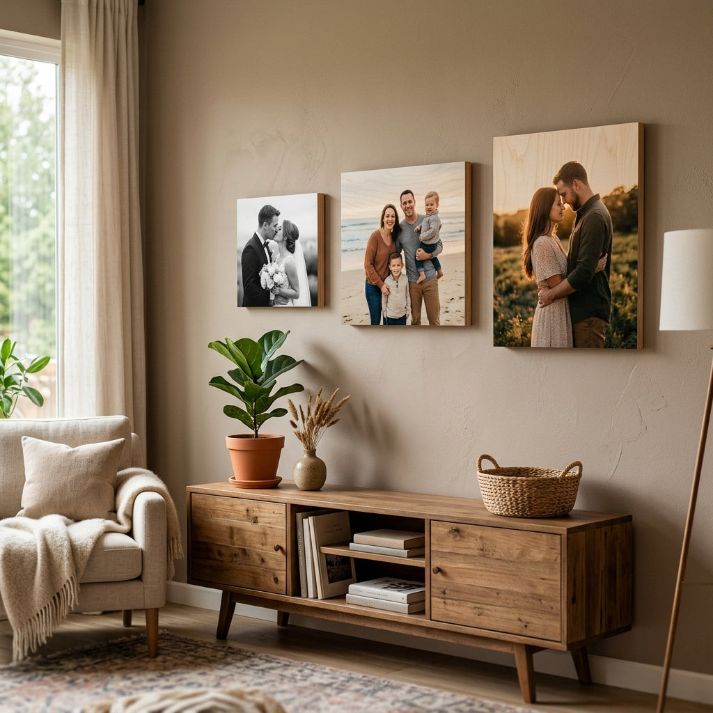 Tiled Wood Canvas Prints Set in Modern Living Room